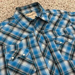 Wrangler Shirt Western Pearl Snap Blue Metallic Tinsel Plaid Mens Large